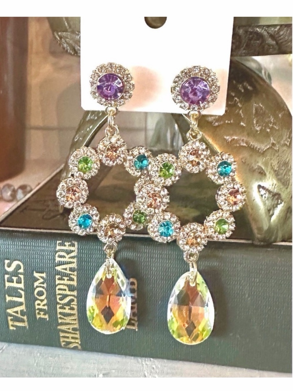 Multicolor Crystal Hoop Drop Earrings with Teardrop Dangles - Gold Tone
